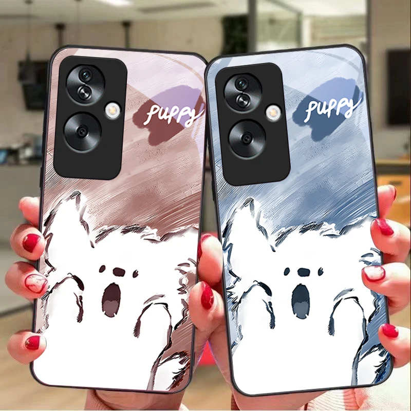 Surprised little dog For Oppo A79 5G 58 78 74 60 4G Reno 11F Realme GT 6 11 Note 50 10 C55 X2 Tempered glass black phone case