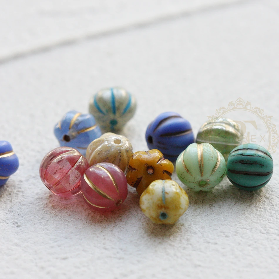 4 Pieces Czech Aged Glass Melon Beads - Varies Colors - 8mm (NVA-29)