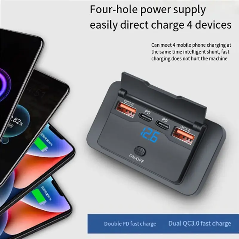 4-Ports 12V 108W Dual PD+Dual QC3.0 USB W/ Digital Voltmeter Switch Socket Power Outlet Panel Adapter-A27R