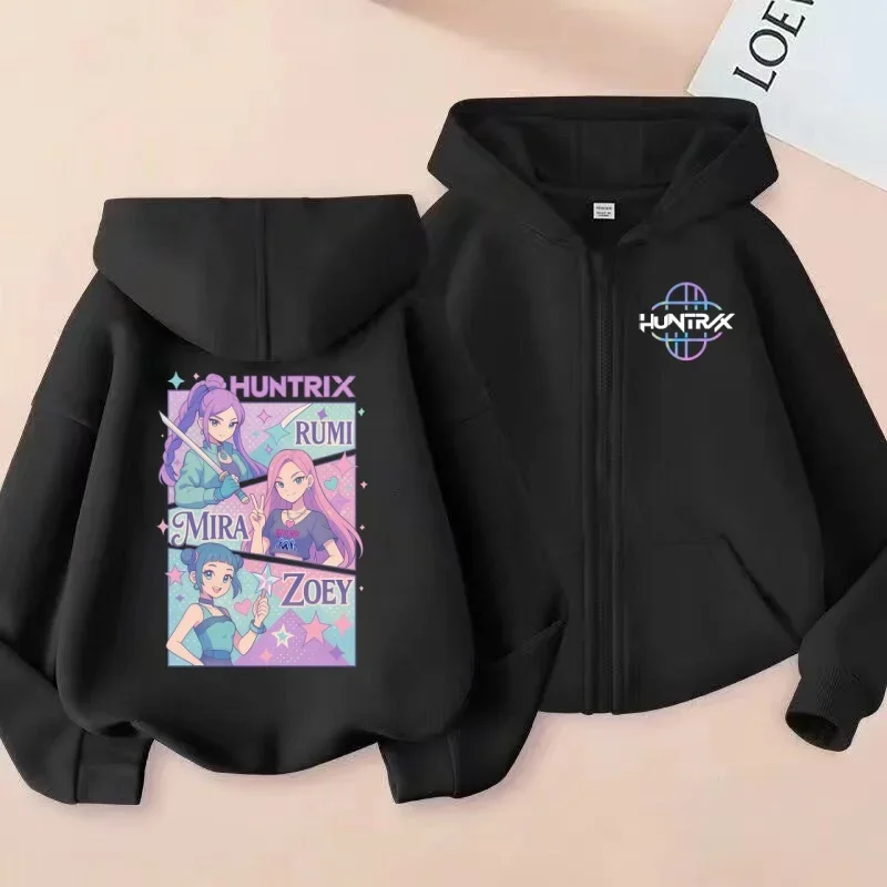 سترة KPOP Demon Hunters Huntrix RUMI/MIRA/ZOEY Trio مطبوعة للأطفال بسحاب، بلوزة عصرية وجذابة