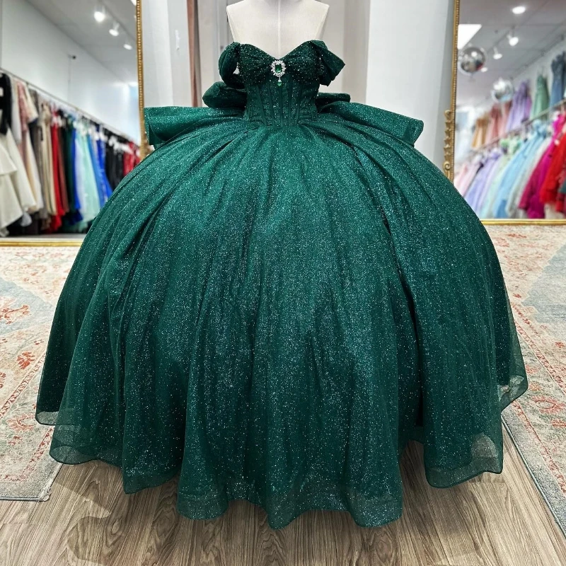 Emerald Green Off Shoulder Sparkly Quinceanera Dresses Ball Gown Crystal Tulle Formal Princess Birthday Party Vestidos De 15 Año