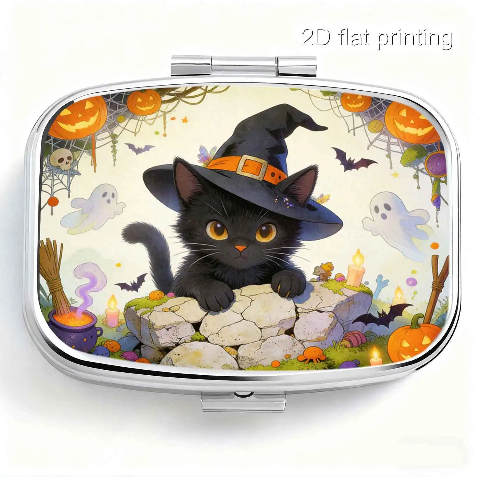 1Pc Flat Halloween Magic Black Cat, Pumpkin, and Ghost Illustration Pattern, Square Two-Compartment Small Pill Box, Portable Medicine Storage, Small Jewelry Storage, Suitable for Handbags or Travel, Holiday Gifts, Souvenirs, Prizes, Small Gifts, for Personal Use or as an Exquisite Gift Option