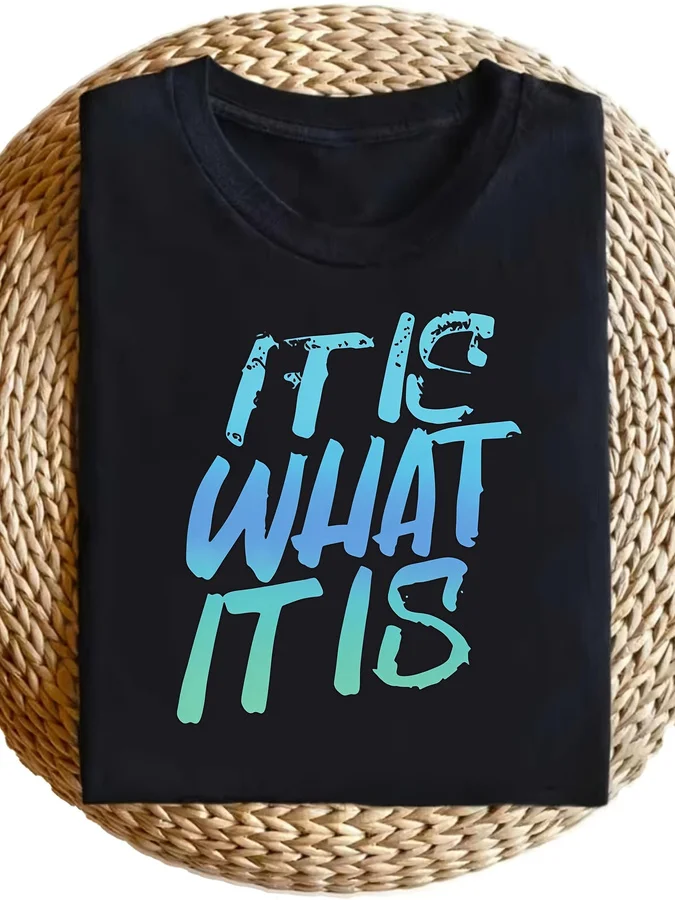 Women's It Is What It Is Graphic T Shirt Gradient Distressed Letter Print Crew Neck Short Sleeve Plus Size Spring Summer Breathable Casual Trendy Tee Tops