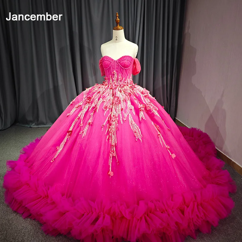 

Jancember Customization Luxury Quinceanera Dresses 2024 Organza Floor-Length Short Sleeves Lace Up Vestidos De 15 Años DY9918G