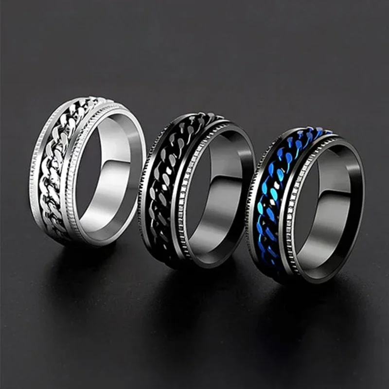 8MM Fashion Punk Stainless Steel Chain Rotatable Men's Ring High Quality Jewelry Party Gift Pressure Relief Accessories