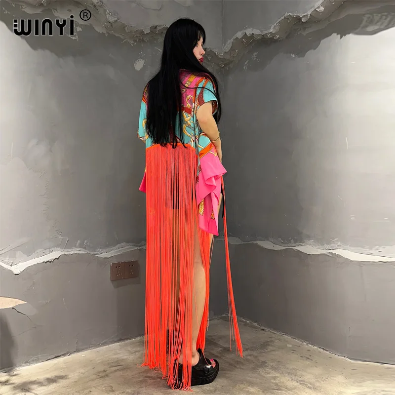 WINYI kimono boho fashion summer beachwear summer Classic print Bikini Cover-up Cardigan sexy Holiday long Sleeve tassels dress