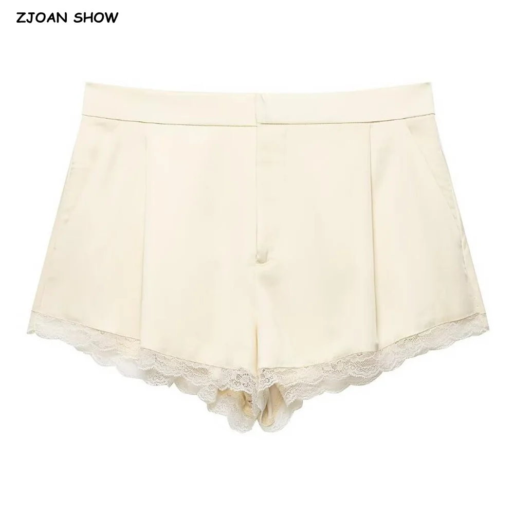 Chic Beige Satin Spliced Lace Cuff Straight Shorts Women Low Waist Short Pants Loose Wide Leg Shorts