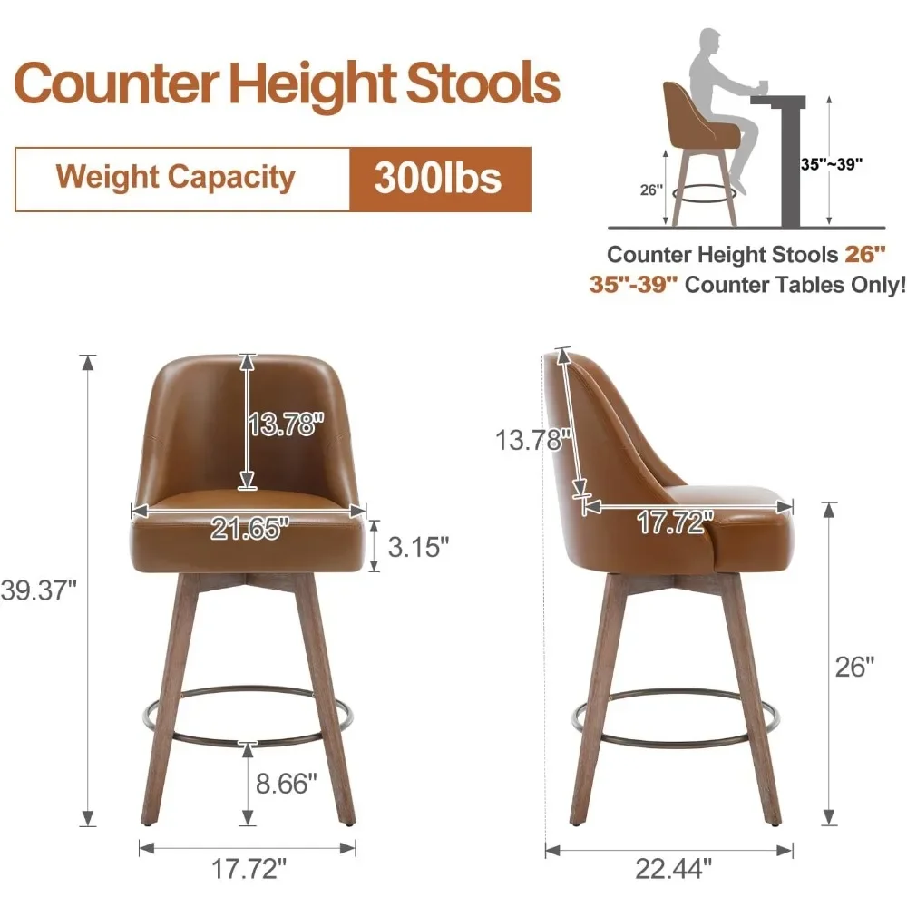 Counter Height Bar Stools Set of 3, Mid-Century Swivel Bar Chairs with Backs and Beech Wood Legs, 26 Inch Seat Height