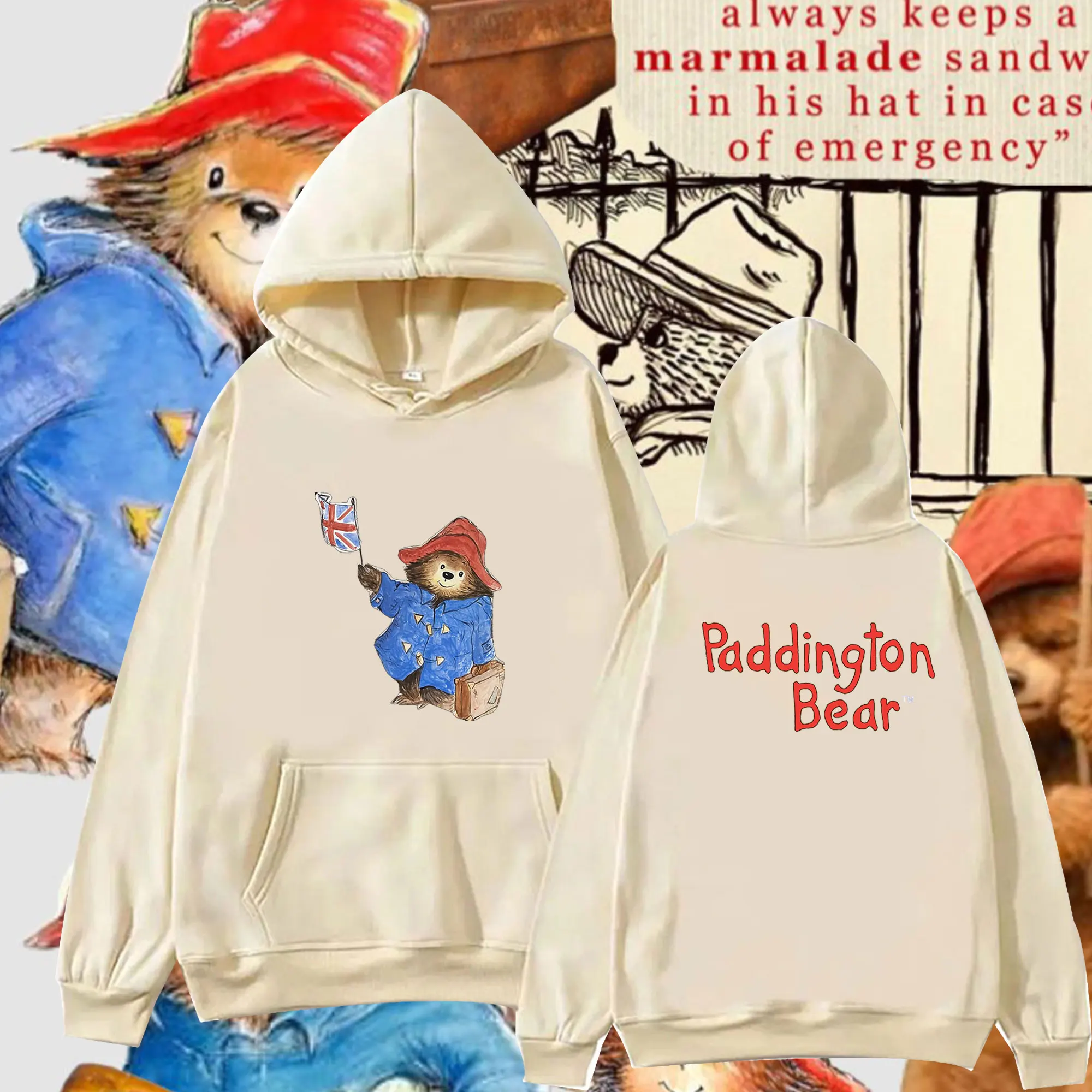 New Men Women  Hoodies Paddington Bear in London Double-sided Print Cartoon Pattern Hoodie Graphic Loose Pullover Sweatshirt