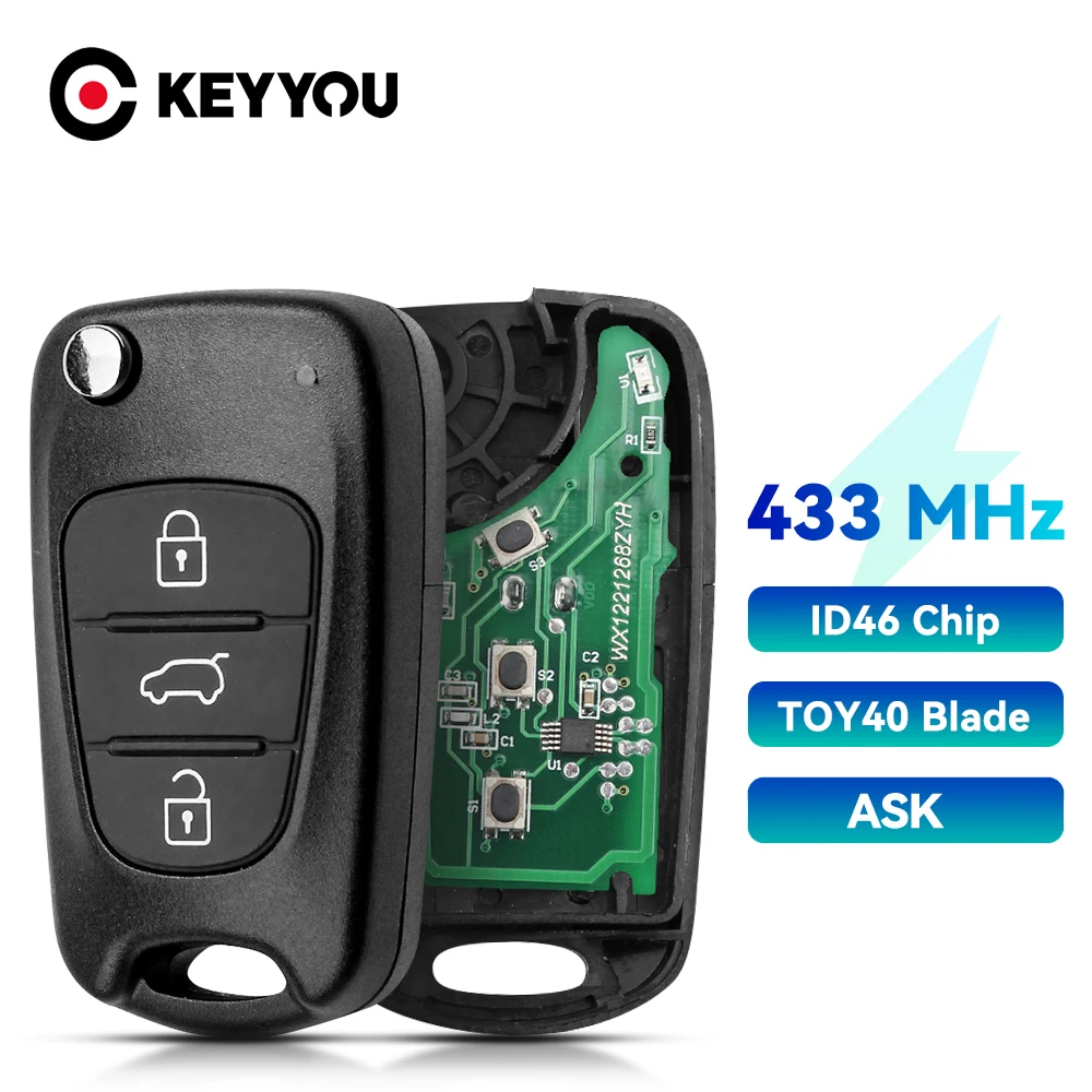 KEYYOU 3 Pulsante Flip ASK Chiave A Distanza Fob 433MHZ con Chip ID46 per Hyundai i30/ix35 Per Kia Rio Seed SeedPro Picanto Sportage