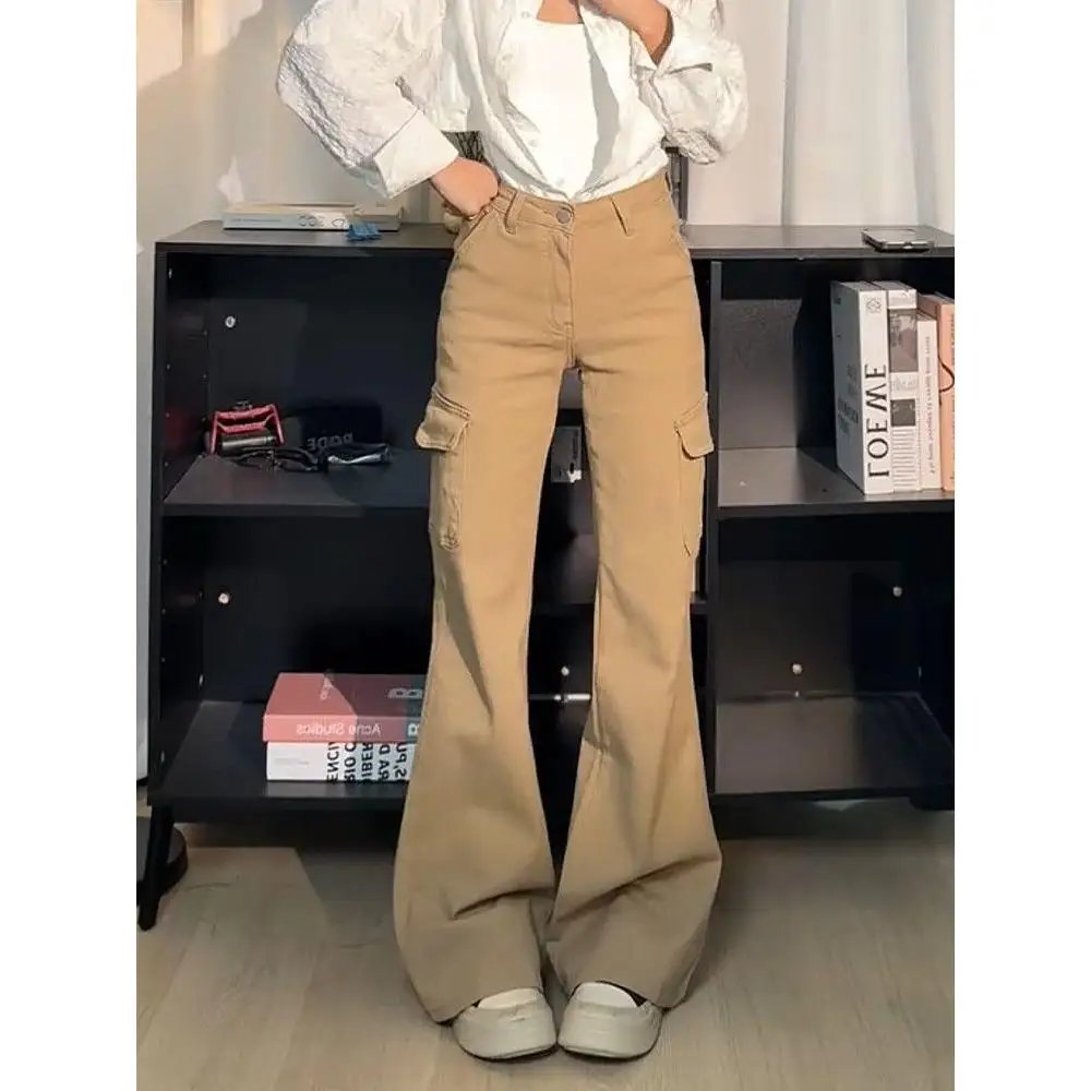 

Khaki Bell Bot Workwear Jeans Women's New 2026 American Retro Elastic Slimming Non-Matching Leggings Casual Cotton Denim