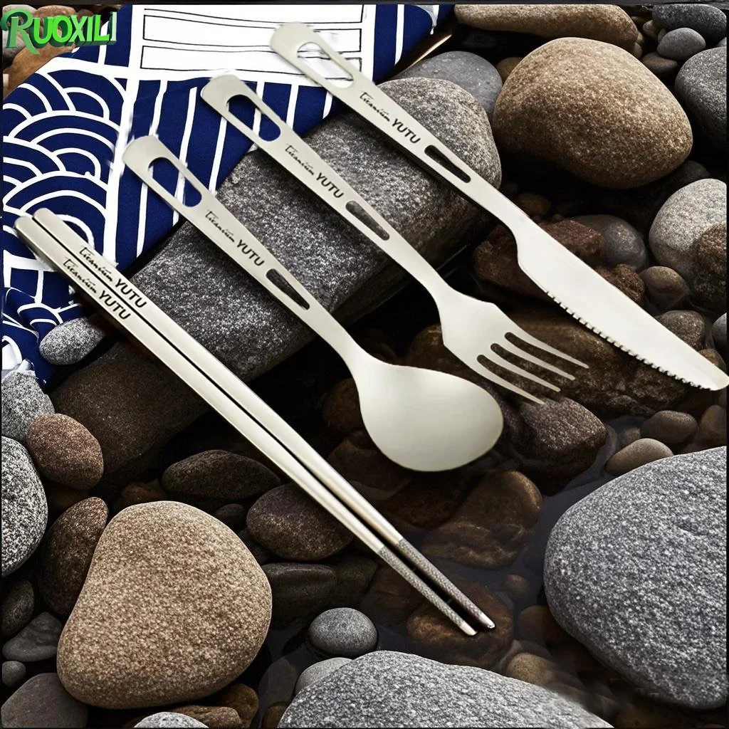 

ortable Pure Titanium Tableware Set Lightweight Ti Camping Utility Cutlery with Carrying Bag for Traveling Picnic Hiking