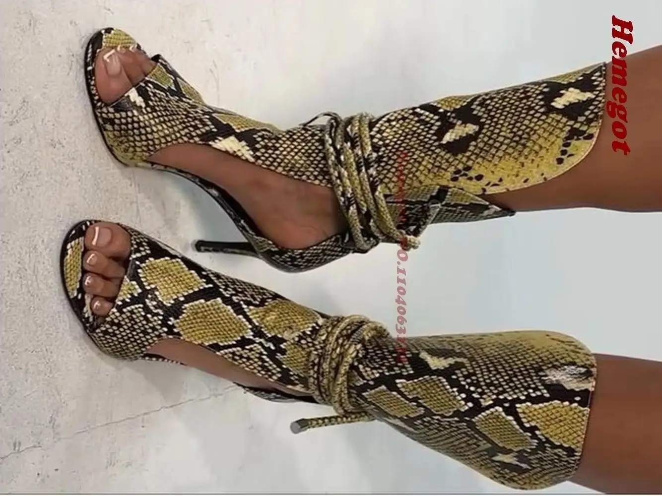 Yellow Snake Print Gladiator Sandals Peep Toe Wrap Lace-Up Hollow Side Thin Stiletto Western High Heel Booties Splicing Shoes