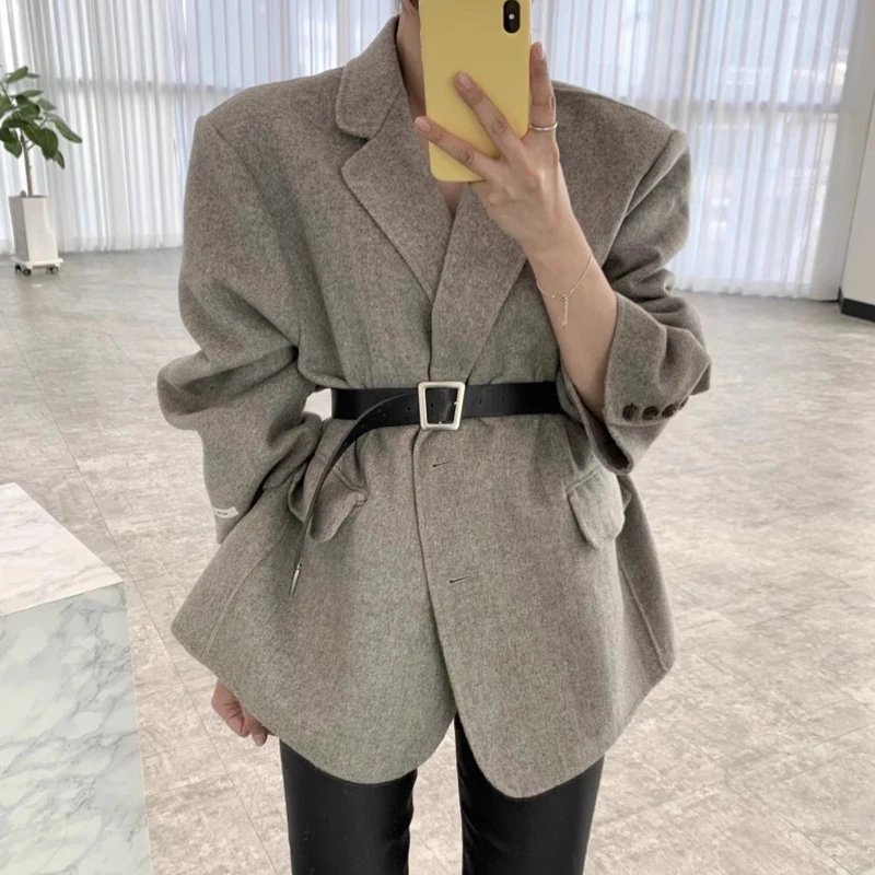 Korea Chic Autumn Winter Retro Temperament Suit Tops Collar Strap Waist Slim All-match Jackets Long-sleeve Woolen Coat with Belt