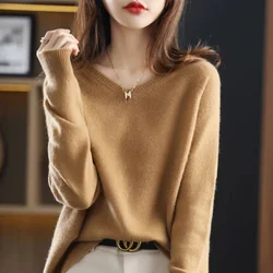 Fashion Merino Wool Cashmere Women Knitted Sweater V-Neck Long Sleeve Bottoming Shirt Pullover Autumn Clothing Jumper Top