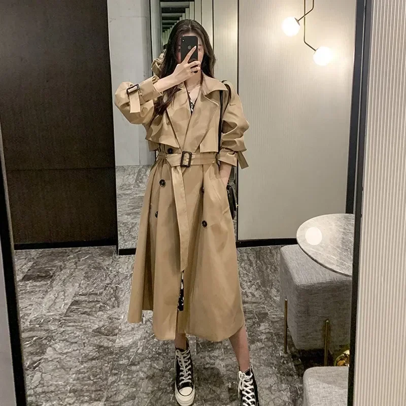 Spring Autumn Extra Long Flowy Oversized Casual Trench Coat for Women Belt Double Breasted Loose Korean Fashion 2023