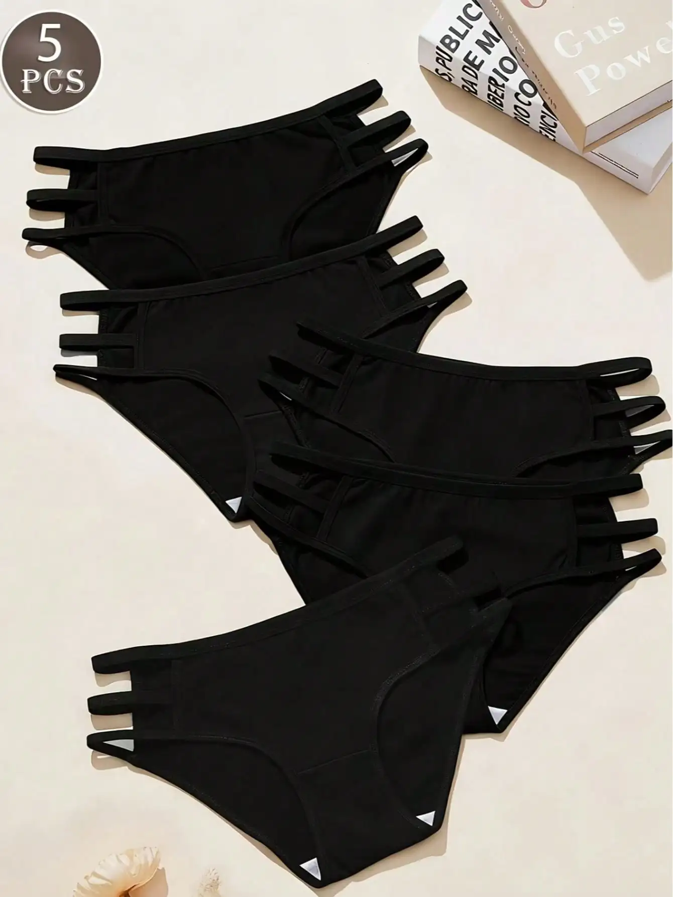 5-teiliges Damen-Höschen-Set mit seitlichen Trägern und mittelhoher Taille, einfarbig, schwarz, Stretch, für den täglichen Gebrauch, Multipack