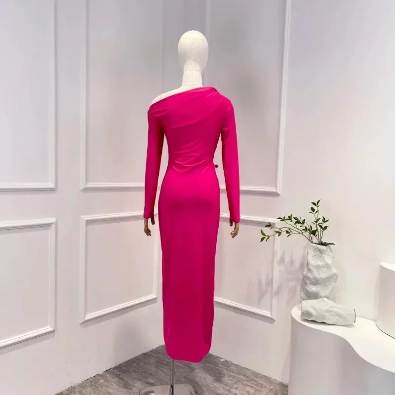 Rose Red Cut Out Waist One Shoulder Long Dress for Party 2024 New Arrival Full Sleeve Elegant Woman Clothes