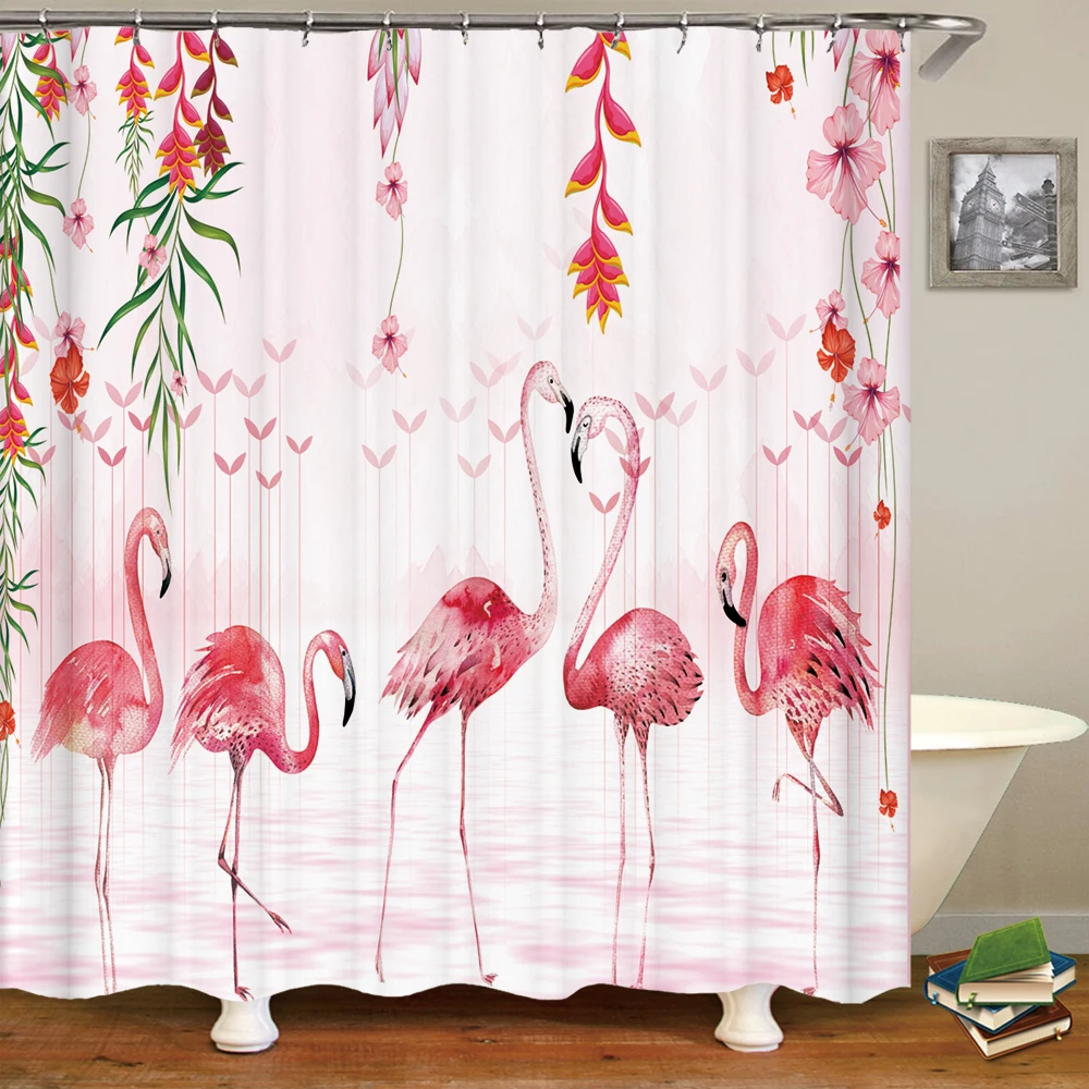 3D Nordic style plant flamingo printed shower curtain polyester flowers birds waterproof bathroom curtain with hook home decor