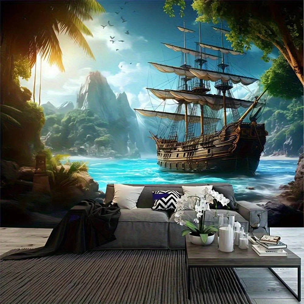 Pirate Ship Tapestry, Sailing Vessel by Tropical Island with Waterfall, Adventure Marine Wall Art for Living Room Bedroom