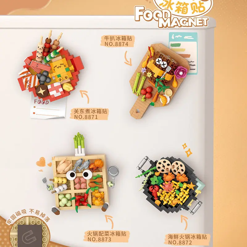 LOZ 8871 bloc de construction aimant de réfrigérateur 3d simulation stéréoscopique Oden fruits de mer pot chaud autocollant magnétique assemblage cadeau à la mode
