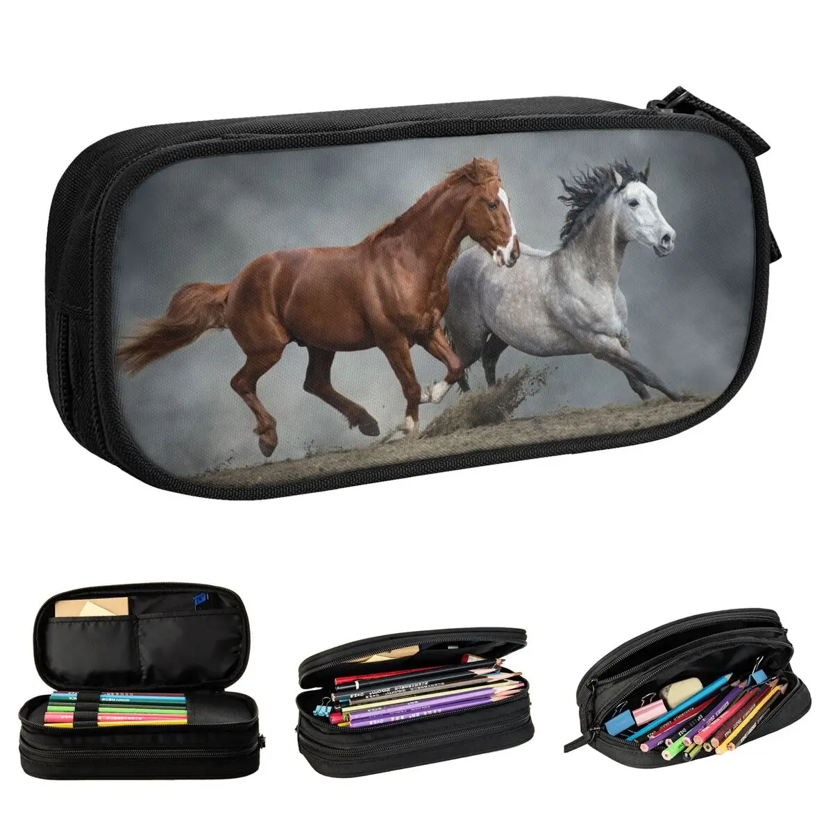 White Brown Horse Run Pencil Cases Galloping Animal Pencil Pouch Pen Student Large Storage Bags School Supplies Stationery