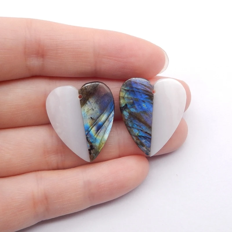 Handmade Jewelry Natural Stone Labradorite Pink Opal Fashion Heart Shape Earrings Accessories For Women 25x21x5mm 7g