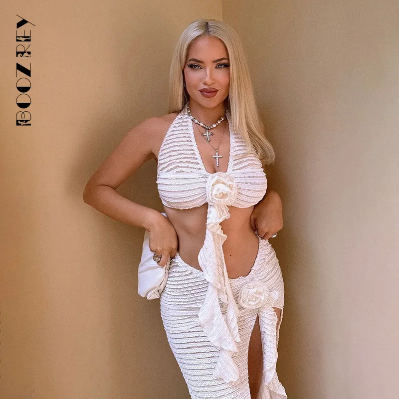 

BoozRey Sexy Club Halter Women Beach Summer Holiday Mini Bikini Tops Long High Split Wrap Party Dress Skirt Two Piece Set 2024