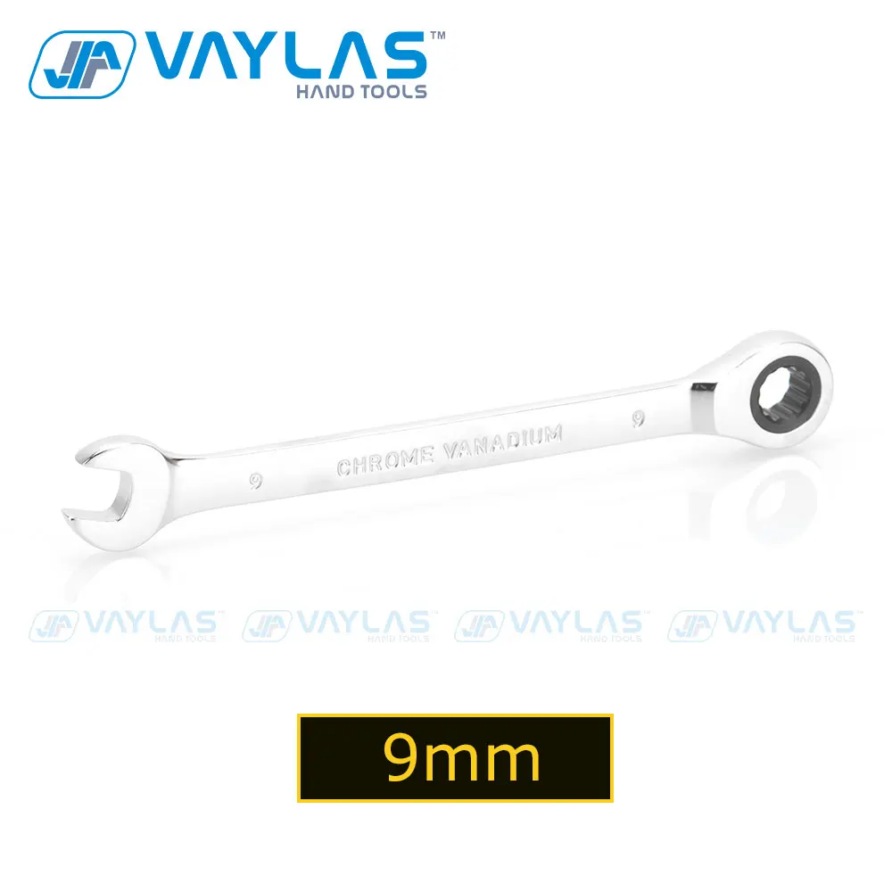 VAYLAS 9mm Combination Wrench Fixed Head Ratcheting 72T and Open End High Torque Mirror Polish Spanner Repair Hand Tool