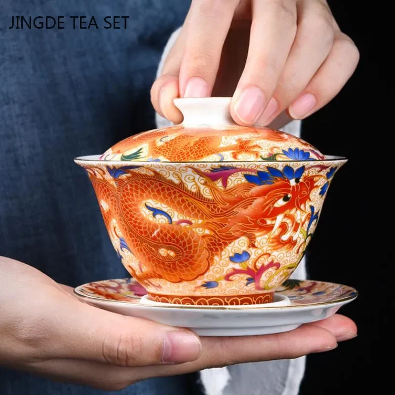 Palace Enamel Dragon Pattern Ceramic Gaiwan Chinese Handmade Teacup Travel Tea Bowl Home Teaware Accessories Drinkware 170ml