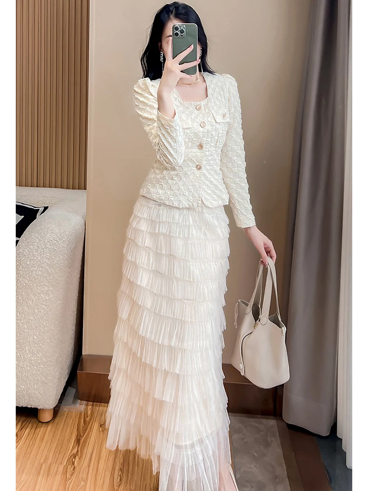 Spring and Autumn Small Fragrant Two Piece Set Skirt New Women's Cake Lotus Leaf Skirt Pie For a two-piece set