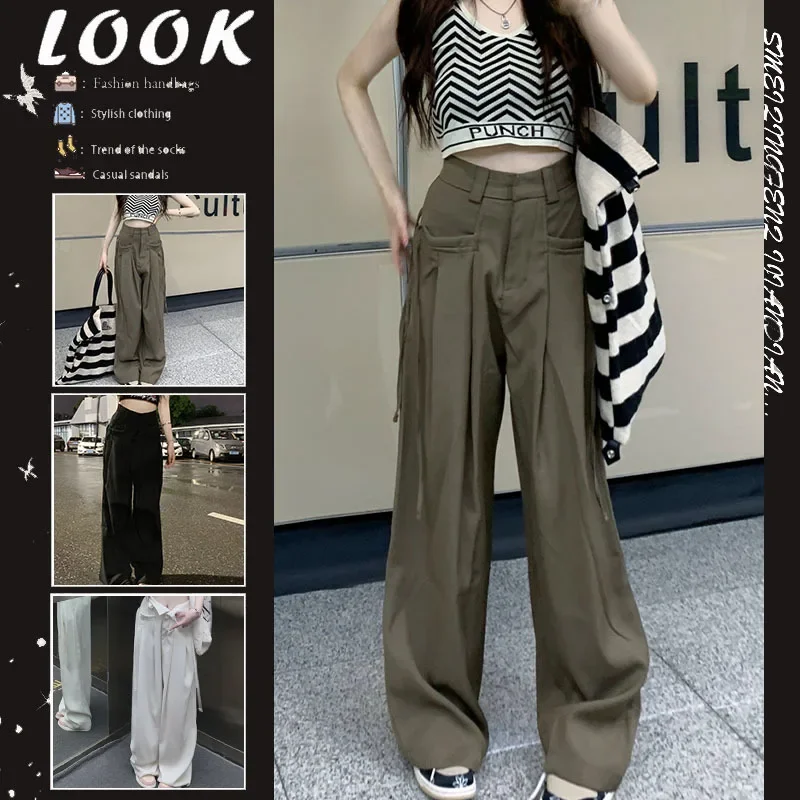 Casual Khaki Drill Floor-Length Trousers For Women High-Waisted Loose-Fit Design American Style Cargo Pants Sensibility Bell Bot