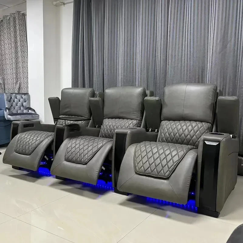 Schwarz-rotes Leder Smart Home Theater VIP Theatre Möbel AI 3 4-Sitzer Elektrische Liedersofa mit LED-Licht