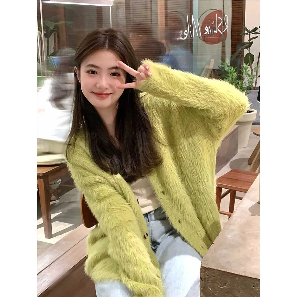 New Fashion Women Autumn Winter Knitting Mink Cashmere Warm Soft Green Cardigan Sweater Casual Loose Chic Sweaters