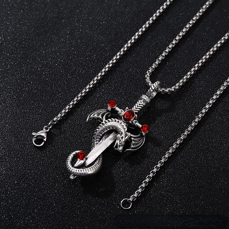 Personality Goth Punk Ajatar Cross Sword Pendant Necklace Dragon Chain Neck for Men Women Party Jewelry Accessories