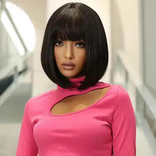 สีดําสีน้ําตาลสั้น Bob วิกผมสังเคราะห์ตรงวิกผมผู้หญิง Afro ธรรมชาติผมคอสเพลย์ปาร์ตี้ทุกวันทนความร้อน