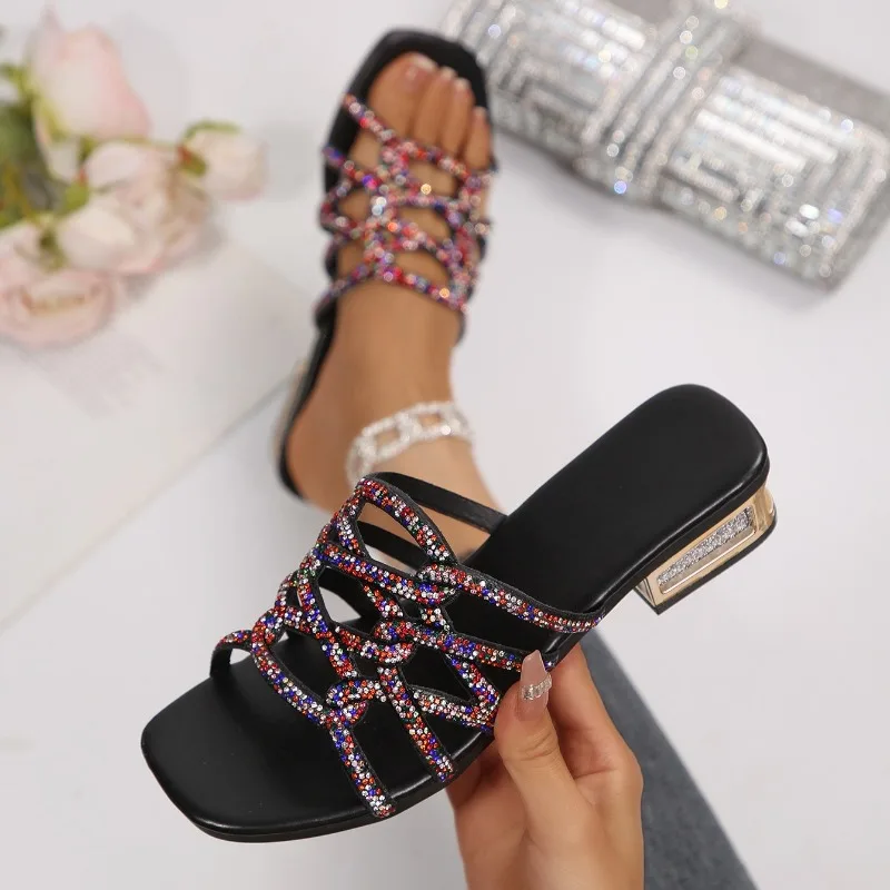 2026 New Luxury Rhinestone Hollow Out Women's Heels Fashion Square Toe Casual Solid Thick Heel Women Shoes Босоножки Женские