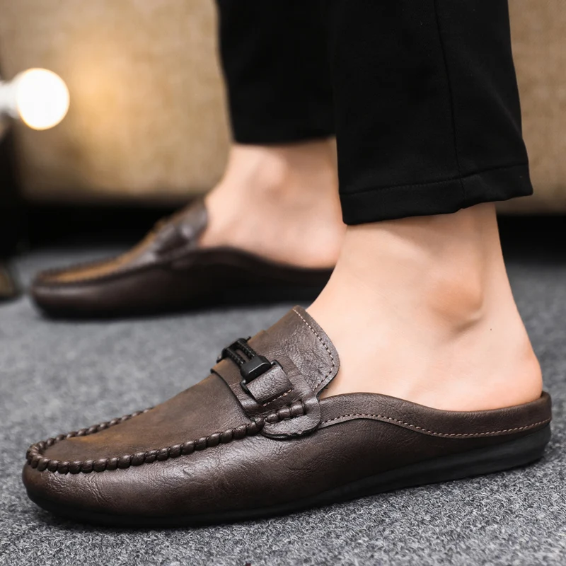 Big Size 46 Mules Men Half Shoes For Man Slippers Leather Mens Backless Casual Shoes Loafers Flip Flops Male Slides Flat Sandals
