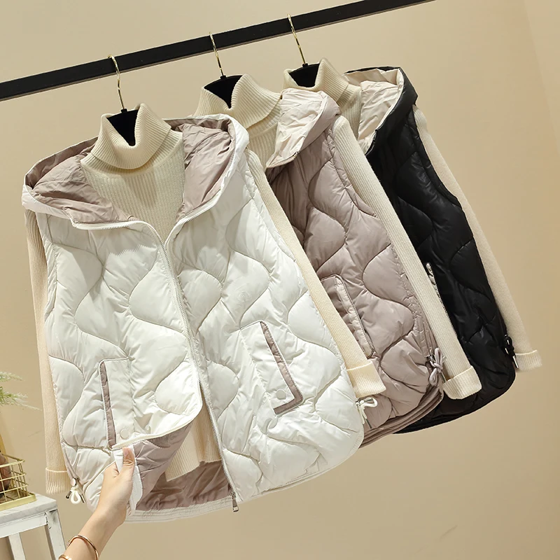 Damska kamizelka puchowa z bawełny, nowy design na jesień i zimę 2025, modny fason z małym, błyszczącym wykończeniem, z kapturem, hit tego roku...