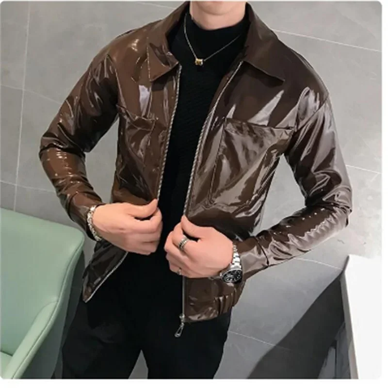 New Leather Shiny Men\'s and Coats Red Coffee Black Stage Costume Nightclub Singer Club Party Jacket Men Clothing