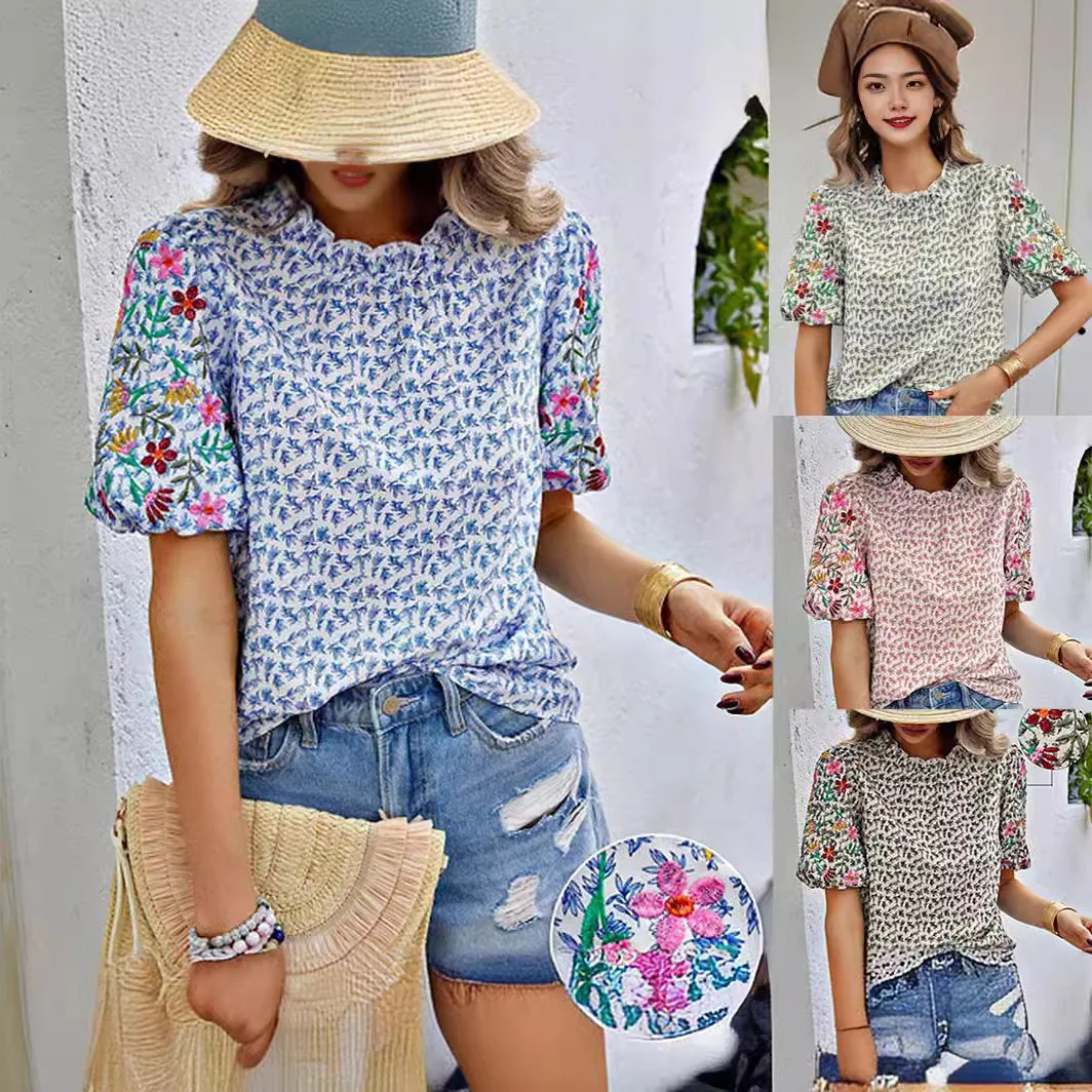 

Women Sweet Blue Blouse Elegant Wave High Neck Short Sleeve Print Retro Embroidery Floral Holiday Pullover Shirt 2024 Summer Top