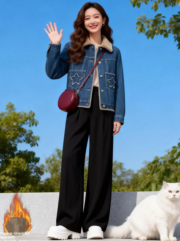 Faionable Afslanken ort Denim Jaet vrouwen Herfst Winter Nieuwe Sle Fce Thiened Kleine Fraance Sle Bontkraag Top