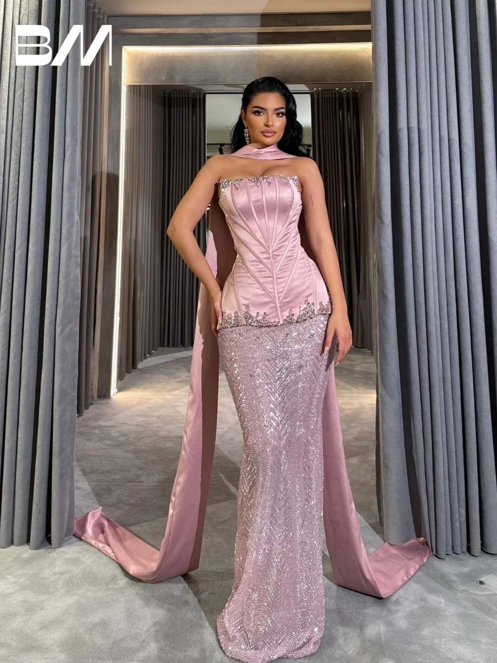 

Pink Fully Shiny Skirt Two Pieces Evening Dress Chic Corset With Crystals Cocktail Gown Customized For Women Charming Dresses
