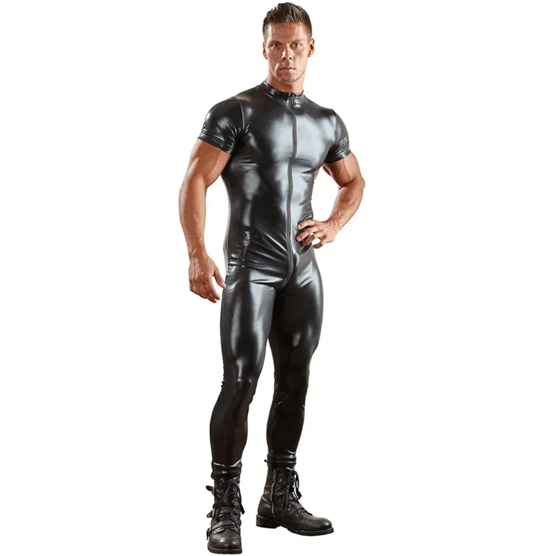 Sexy Male's PU Leather Catsuit For Men Tight Skin Full Bodysuit Jumpsuit Front Zipper Open Crotch Latex Zentai Suit