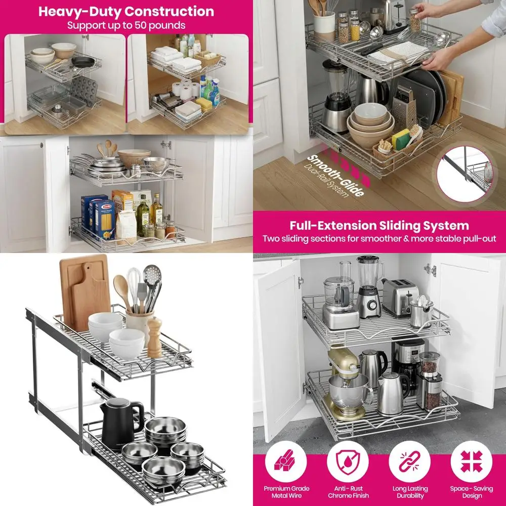 

2-Tier Pull-Out Organizer with Steel Shelves, 100 lbs Capacity, 11W x 21D x 16.5H for Kitchen & Pantry