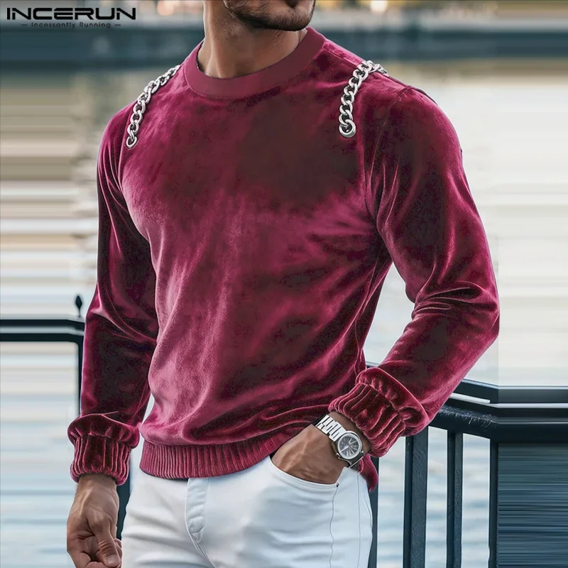

INCERUN Men T Shirt Solid Color O-neck Long Sleeve Velour Male Tee Tops Streetwear Spring 2026 Fashion Casual Men Clothing S-5XL