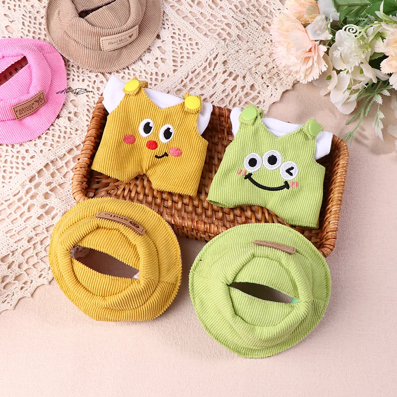 Voor 17 cm Labubu Poppenkleertjes Accessoires Leuke Mini Wit Shirt Hoed Dier Overalls Set Pluche Poppen Veranderen Kleding Geschenken