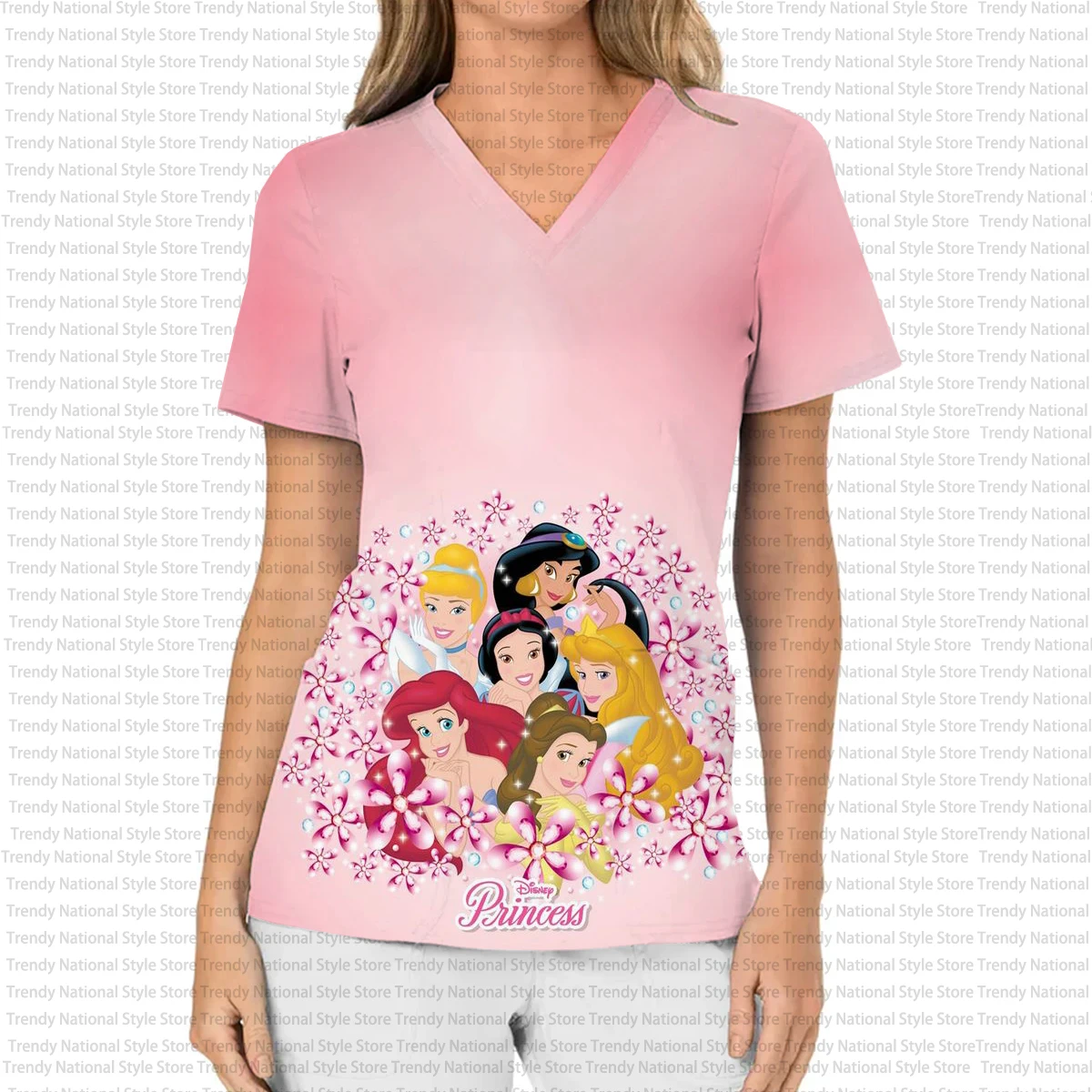 Nuevo uniforme de enfermera de verano para mujer, Top esmerilado con cuello en V estampado, camiseta de tienda de mascotas de Hospital de princesa Jasmine de Disney para mujer