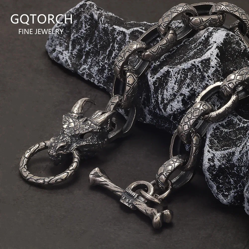 

925 Sterling Silver Viking Dragon Head Link Chain Bracelet Norse Nordic Bracelet for Men Thai Silver Punk Retro Handmade Jewelry