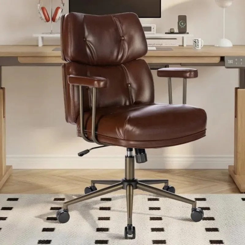Mid-Century Office Chair Mid Back Tufted Faux Leather Walnut Bentwood Swivel Desk Chair Home Office 300LBS, Customized